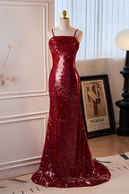 Party Dresses Near Me, Red Sequins Mermaid Straps Lace-Up Long Prom Dress