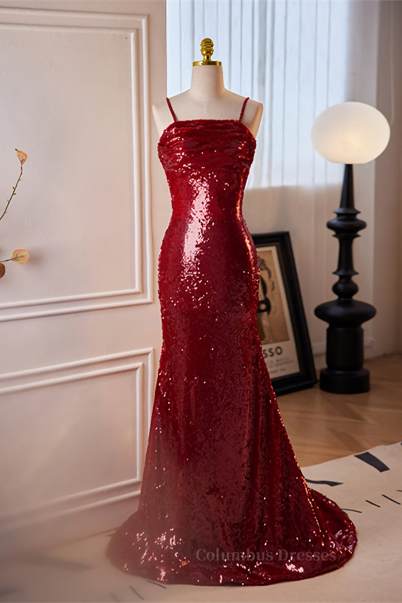 Red Sequins Mermaid Straps Lace-Up Long Prom Dress Secondary image