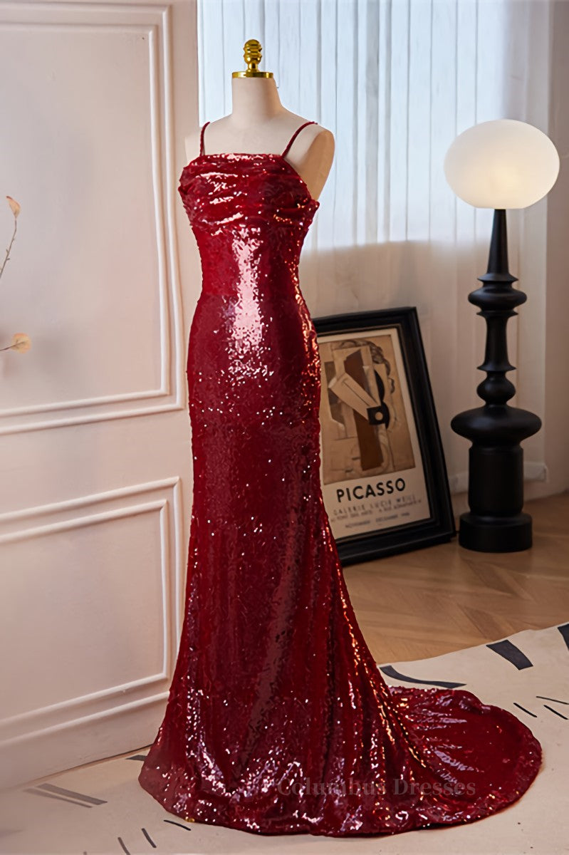 Party Dress Sale, Red Sequins Mermaid Straps Lace-Up Long Prom Dress Main image