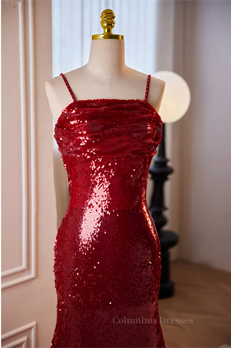Party Dresses Sale, Red Sequins Mermaid Straps Lace-Up Long Prom Dress