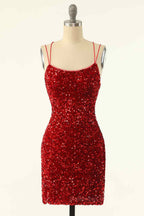 Party Dress Mini, Red Sheath Double Straps Lace-Up Back Sequins Mini Homecoming Dress