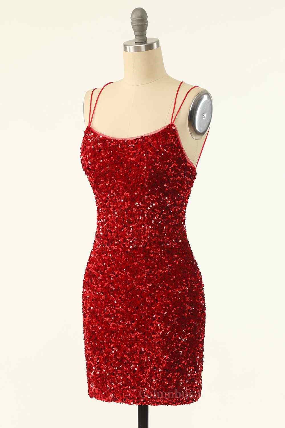 Red Sheath Double Straps Lace-Up Back Sequins Mini Homecoming Dress Secondary image