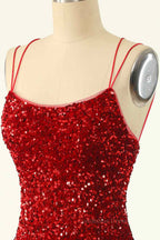 Party Dress Sleeves, Red Sheath Double Straps Lace-Up Back Sequins Mini Homecoming Dress