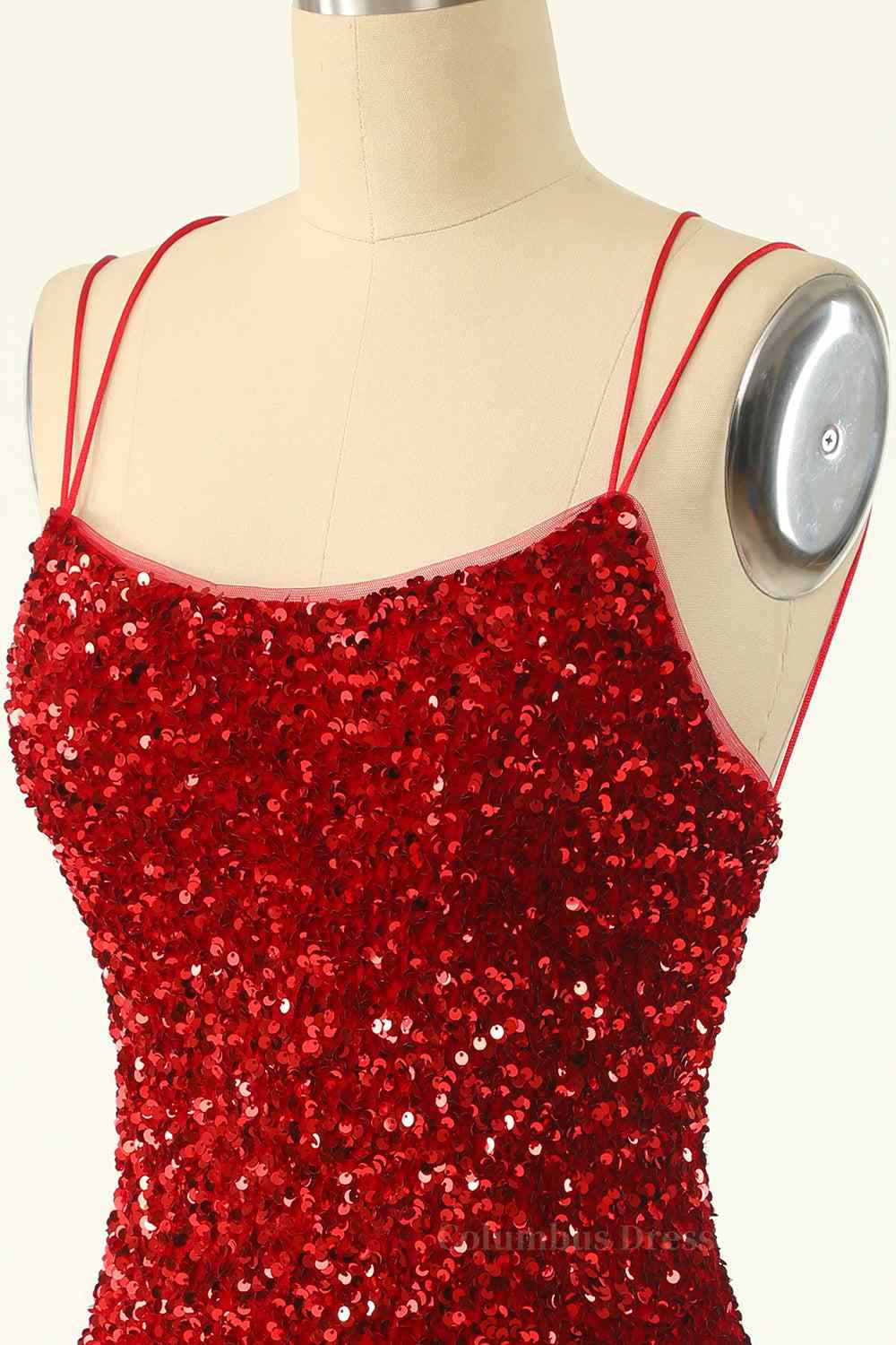 Party Dress Sleeves, Red Sheath Double Straps Lace-Up Back Sequins Mini Homecoming Dress