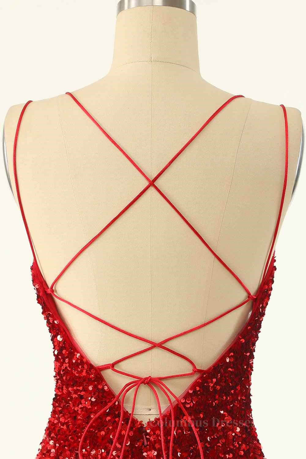 Party Dresses Sleeves, Red Sheath Double Straps Lace-Up Back Sequins Mini Homecoming Dress