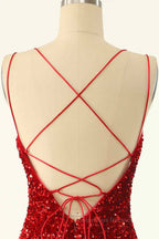 Party Dresses Sleeves, Red Sheath Double Straps Lace-Up Back Sequins Mini Homecoming Dress