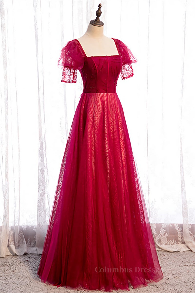Red Square Neck Puff Sleeves Beaded Tulle Maxi Formal Dress Secondary image
