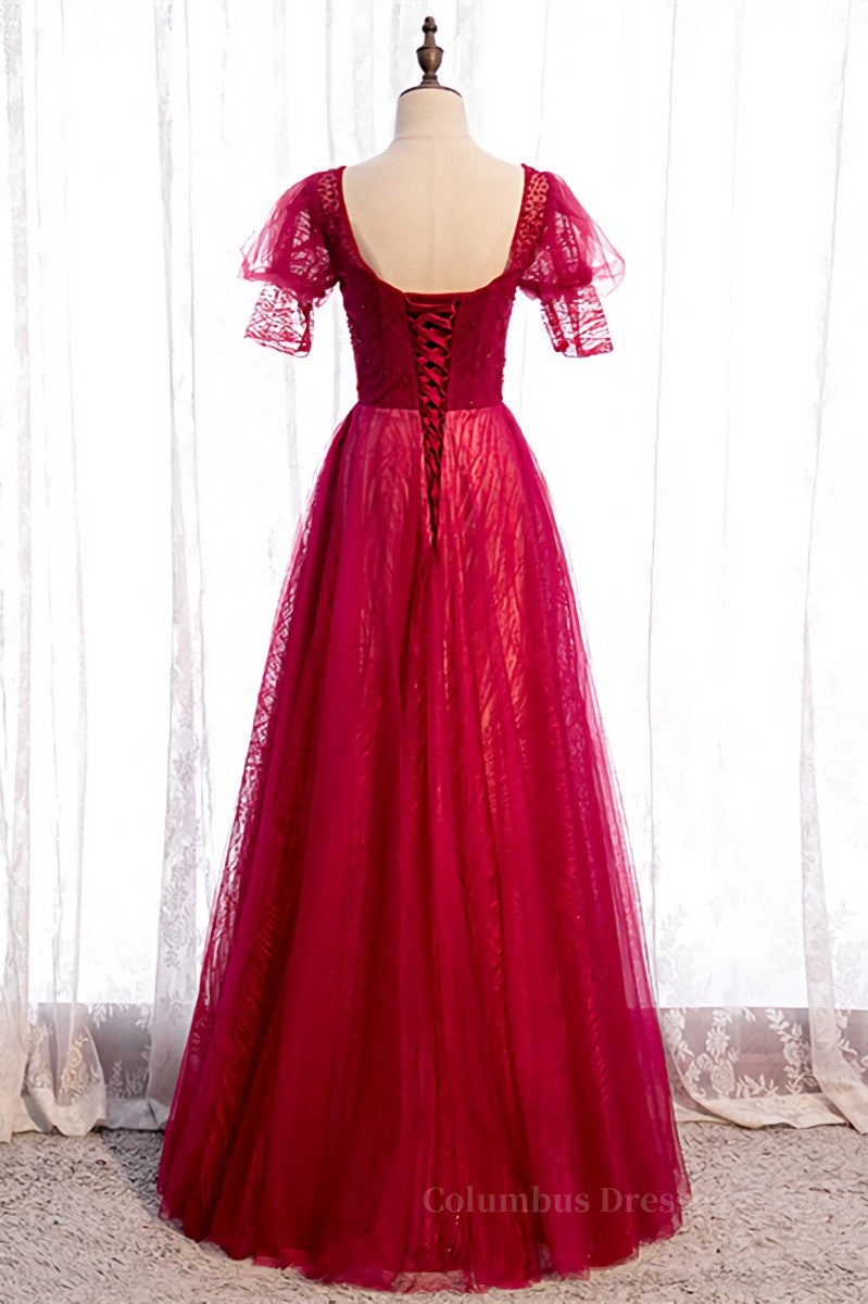 Prom Dress Shopping Near Me, Red Square Neck Puff Sleeves Beaded Tulle Maxi Formal Dress Main image