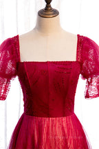 Prom Dress Shops Near Me, Red Square Neck Puff Sleeves Beaded Tulle Maxi Formal Dress