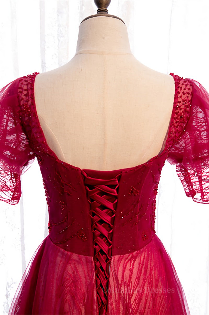 Prom Dress Shop Near Me, Red Square Neck Puff Sleeves Beaded Tulle Maxi Formal Dress