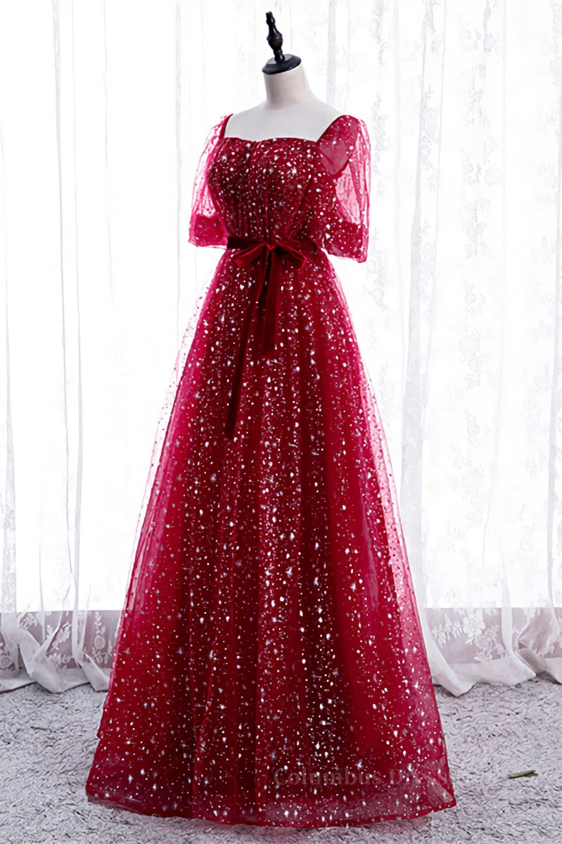 Red Sweetheart Illusion Sleeves Sparkly Prints Maxi Formal Dress with Sash Secondary image