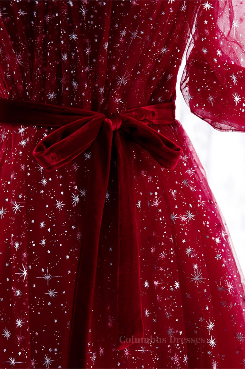 Prom Dress Under 131, Red Sweetheart Illusion Sleeves Sparkly Prints Maxi Formal Dress with Sash