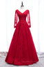 Evening Dresses Simple, Red V Neck Long Sleeves Beaded Appliques Long Formal Dress