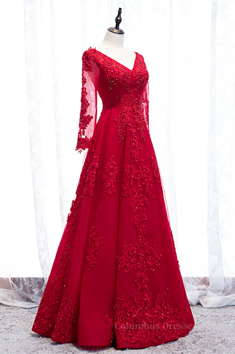 Red V Neck Long Sleeves Beaded Appliques Long Formal Dress Secondary image