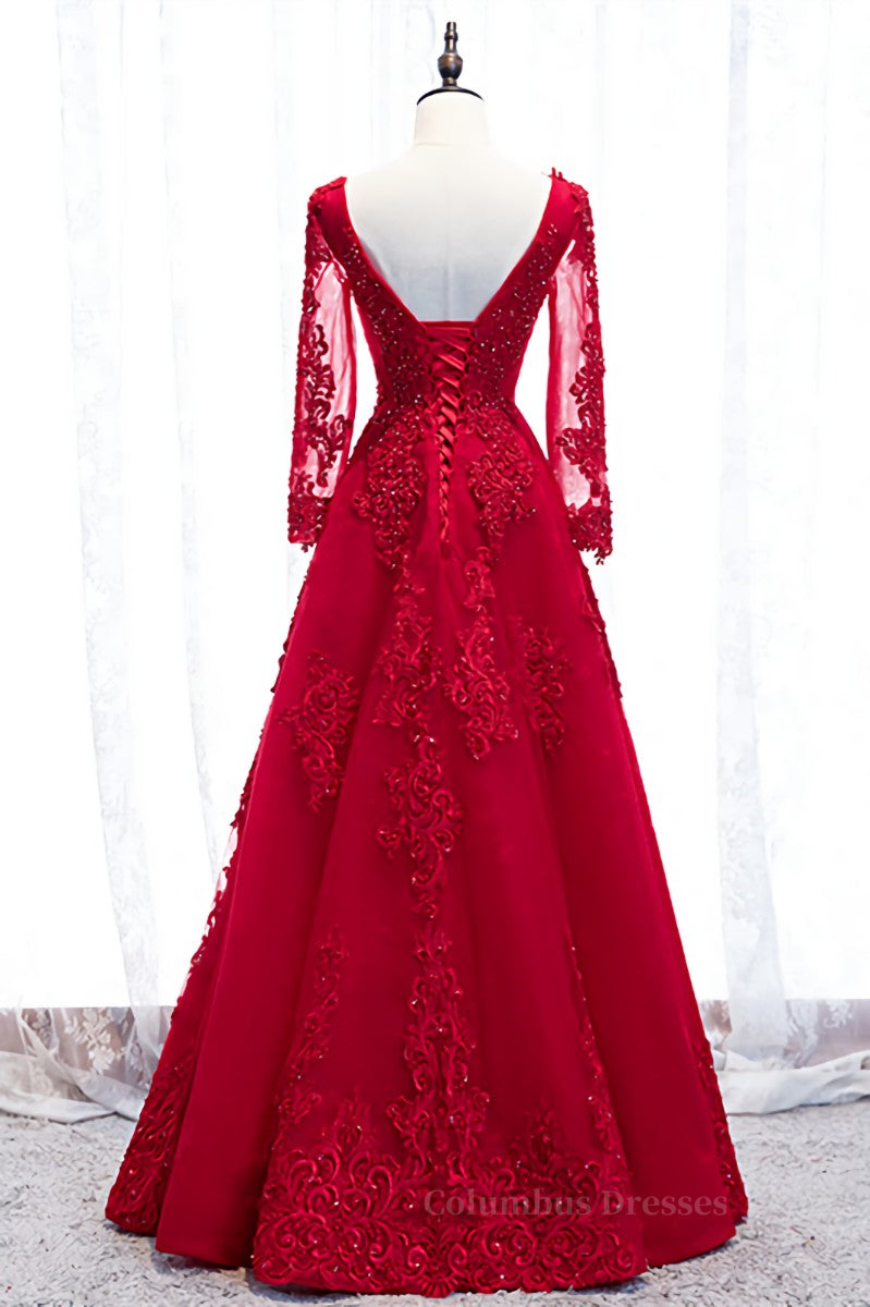 Evening Dresses Princess, Red V Neck Long Sleeves Beaded Appliques Long Formal Dress Main image