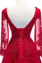 Evening Dresses 2052, Red V Neck Long Sleeves Beaded Appliques Long Formal Dress