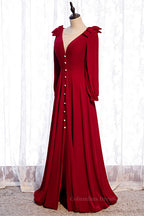 Homecoming Dresses Classy Elegant, Red V Neck Long Sleeves Lace-Up Back Maxi Formal Dress with Bows