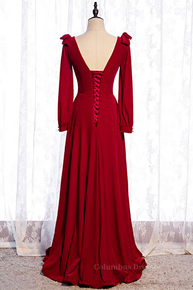 Homecoming Dress Classy Elegant, Red V Neck Long Sleeves Lace-Up Back Maxi Formal Dress with Bows Main image