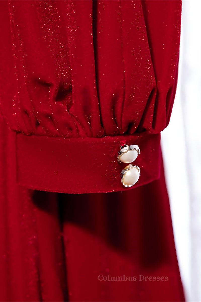 Homecoming Dress Shop, Red V Neck Long Sleeves Lace-Up Back Maxi Formal Dress with Bows