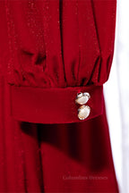 Homecoming Dress Shop, Red V Neck Long Sleeves Lace-Up Back Maxi Formal Dress with Bows