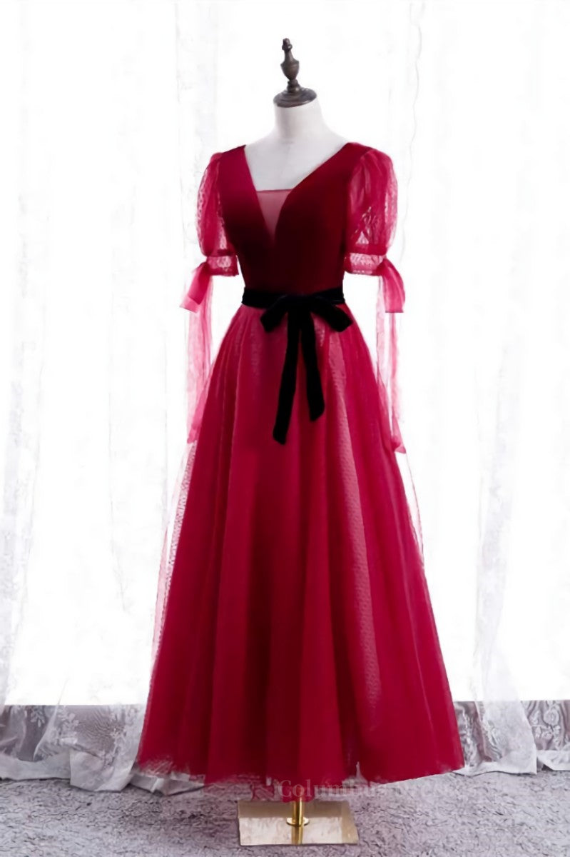 Red V Neck Puff Sleeves Bow Tie A-line Ankle Length Formal Dress with Sash Secondary image
