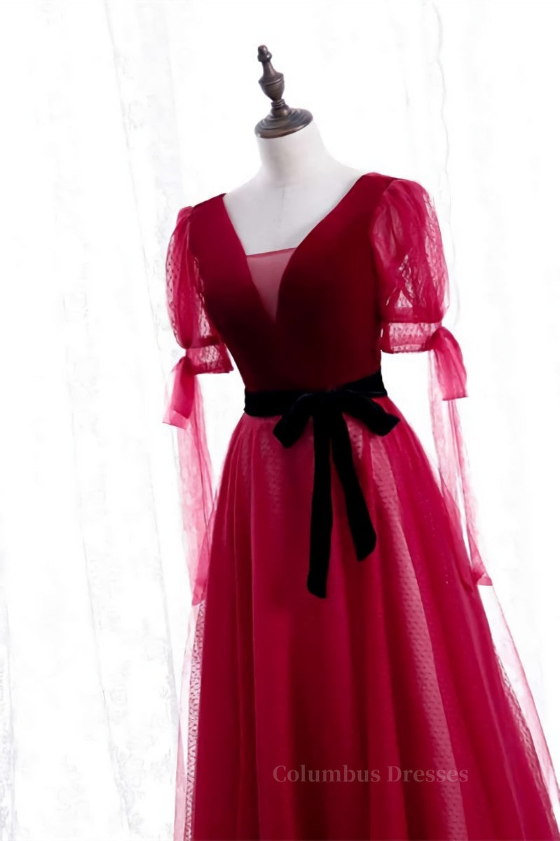 Formal Dresses For Girls, Red V Neck Puff Sleeves Bow Tie A-line Ankle Length Formal Dress with Sash Main image