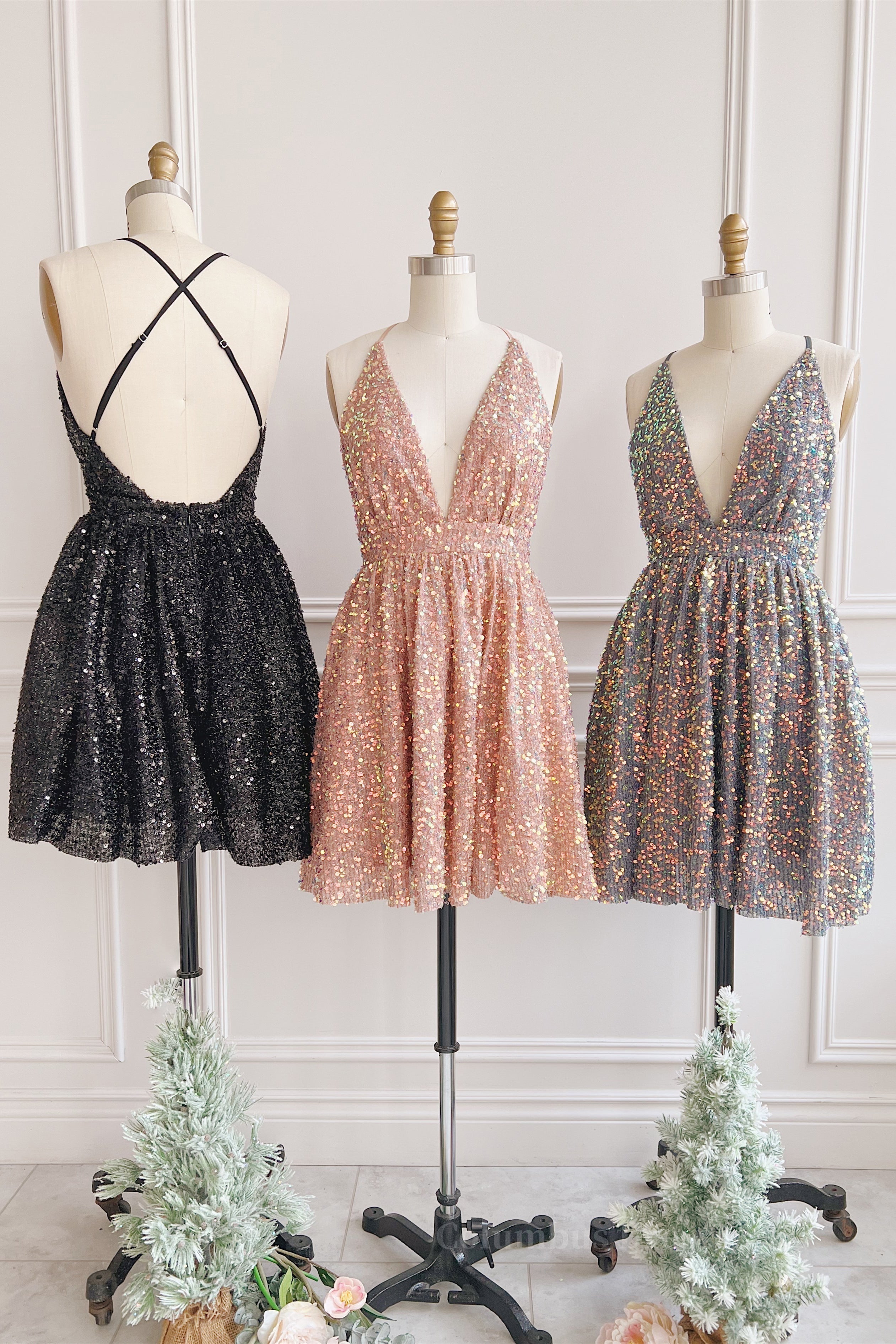 Party Dresses, Rose Gold Sequin Straps A-line Short Party Dress Main image