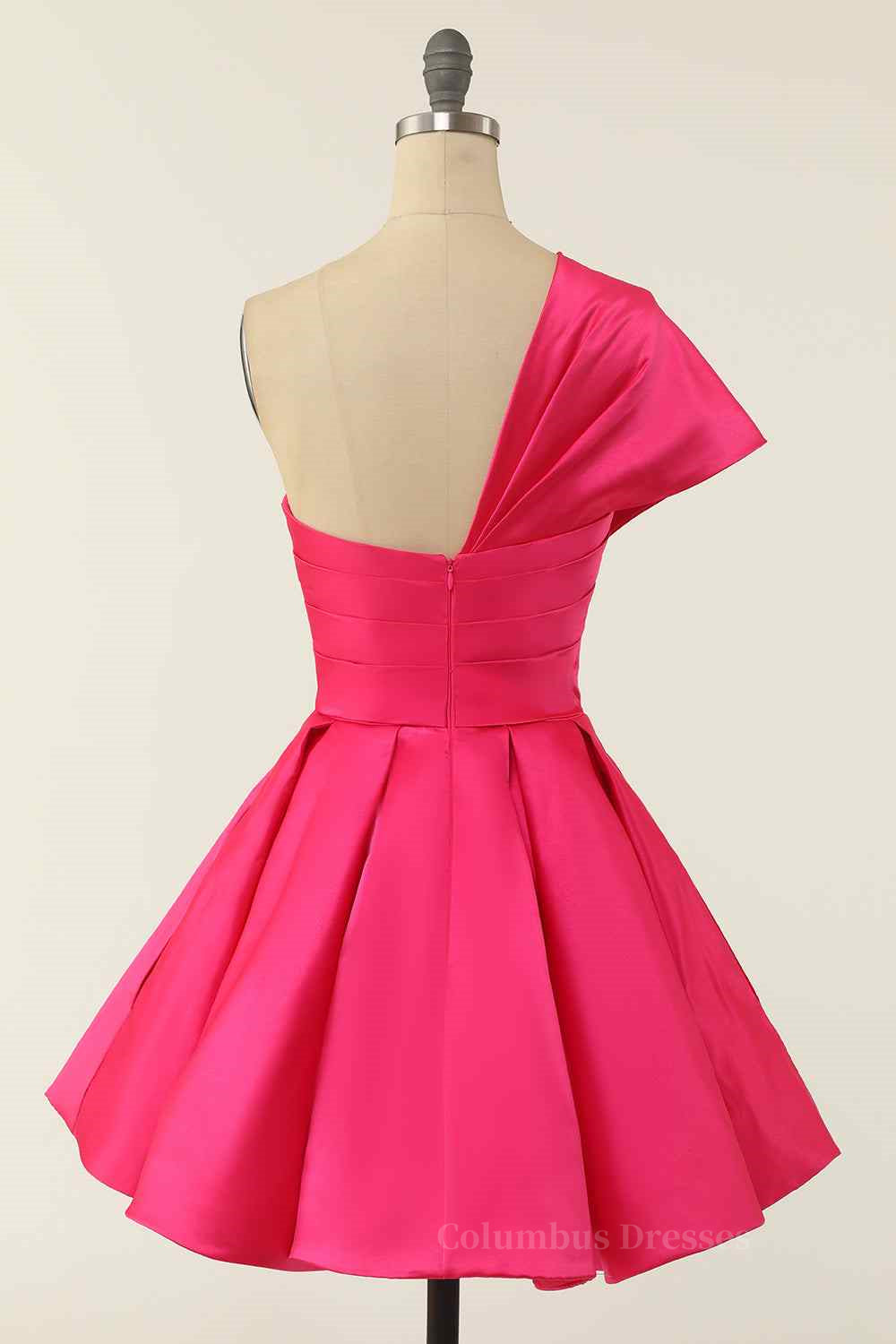 Party Dresses Short, Rose Red A-line Asymmetrical Pleated Mini Homecoming Dress Main image
