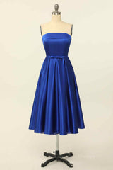 Bridesmaid Dresses Modest, Royal Blue A-line Fold Strapless Lace-Up Back Satin Mini Homecoming Dress