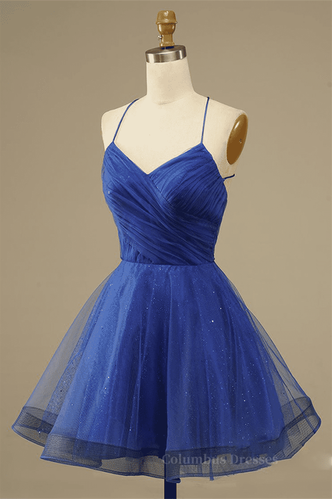 Royal Blue A-line Lace-Up Back Surplice Tulle Mini Homecoming Dress Secondary image