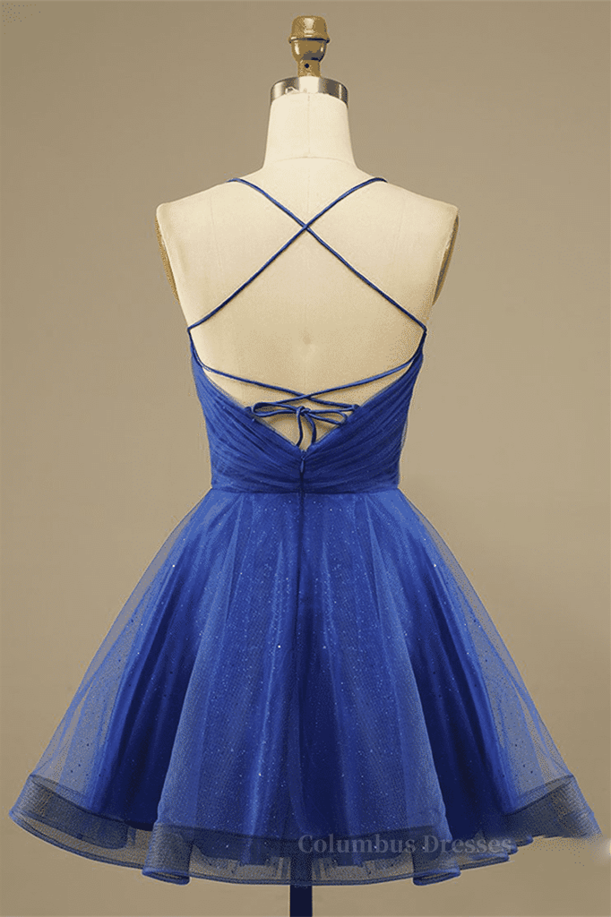 Go Out Outfit, Royal Blue A-line Lace-Up Back Surplice Tulle Mini Homecoming Dress Main image