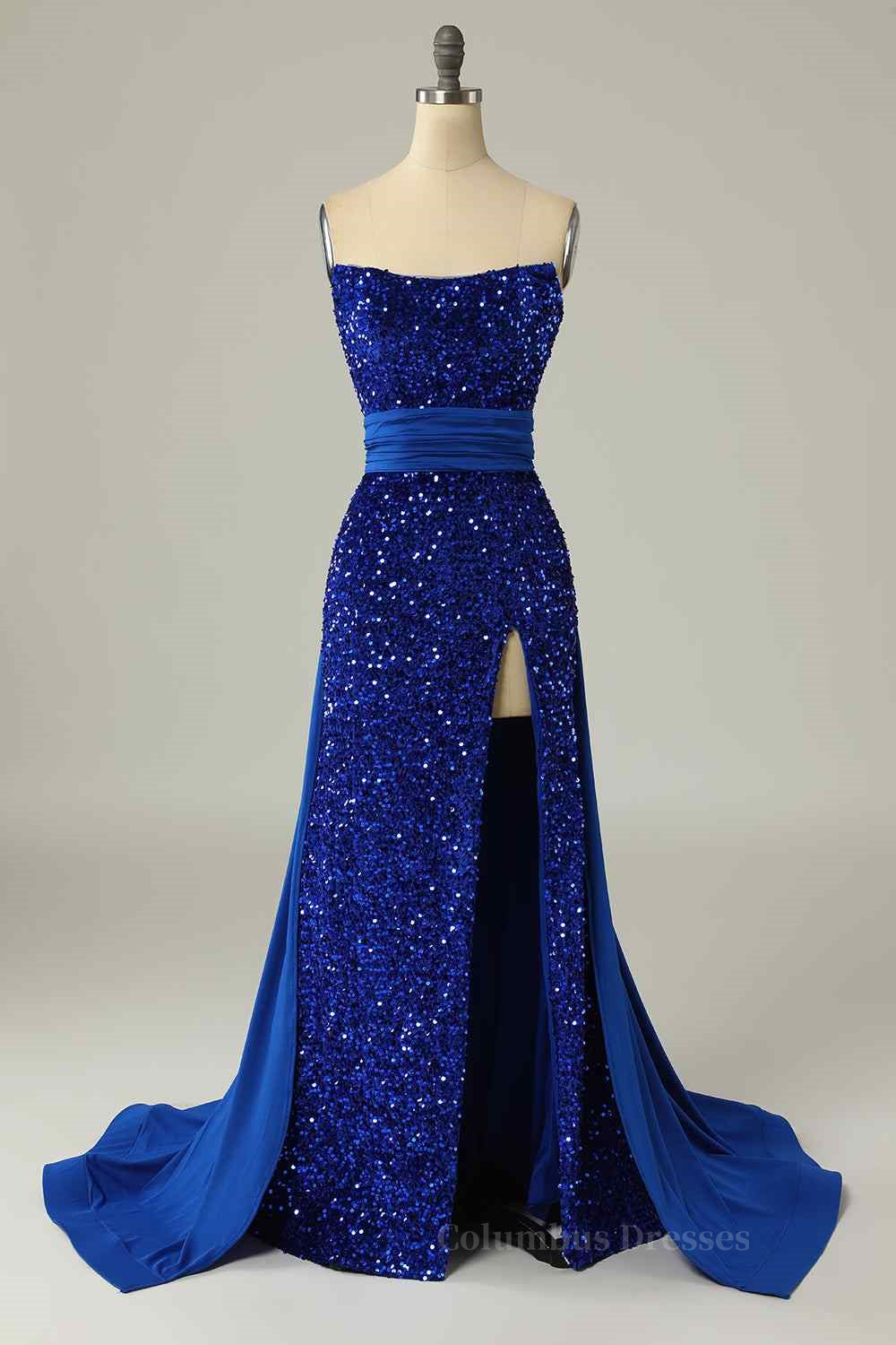 Bridesmaid Dresses Beach Wedding, Royal Blue Mermaid Strapless Sequins Slit Long Prom Dress
