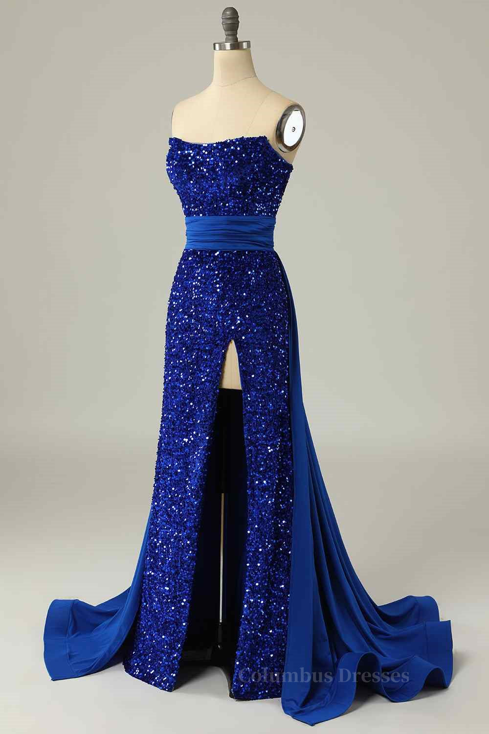 Royal Blue Mermaid Strapless Sequins Slit Long Prom Dress Secondary image