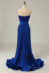 Bridesmaids Dresses For Beach Weddings, Royal Blue Mermaid Strapless Sequins Slit Long Prom Dress