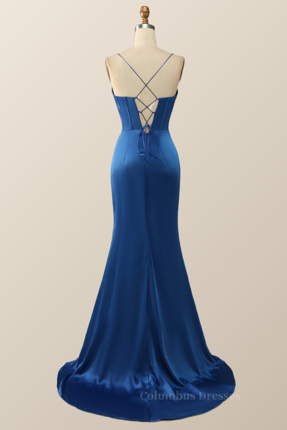 Prom Dresses With Slits, Royal Blue Mermaid Straps Long Dress with Slit Main image
