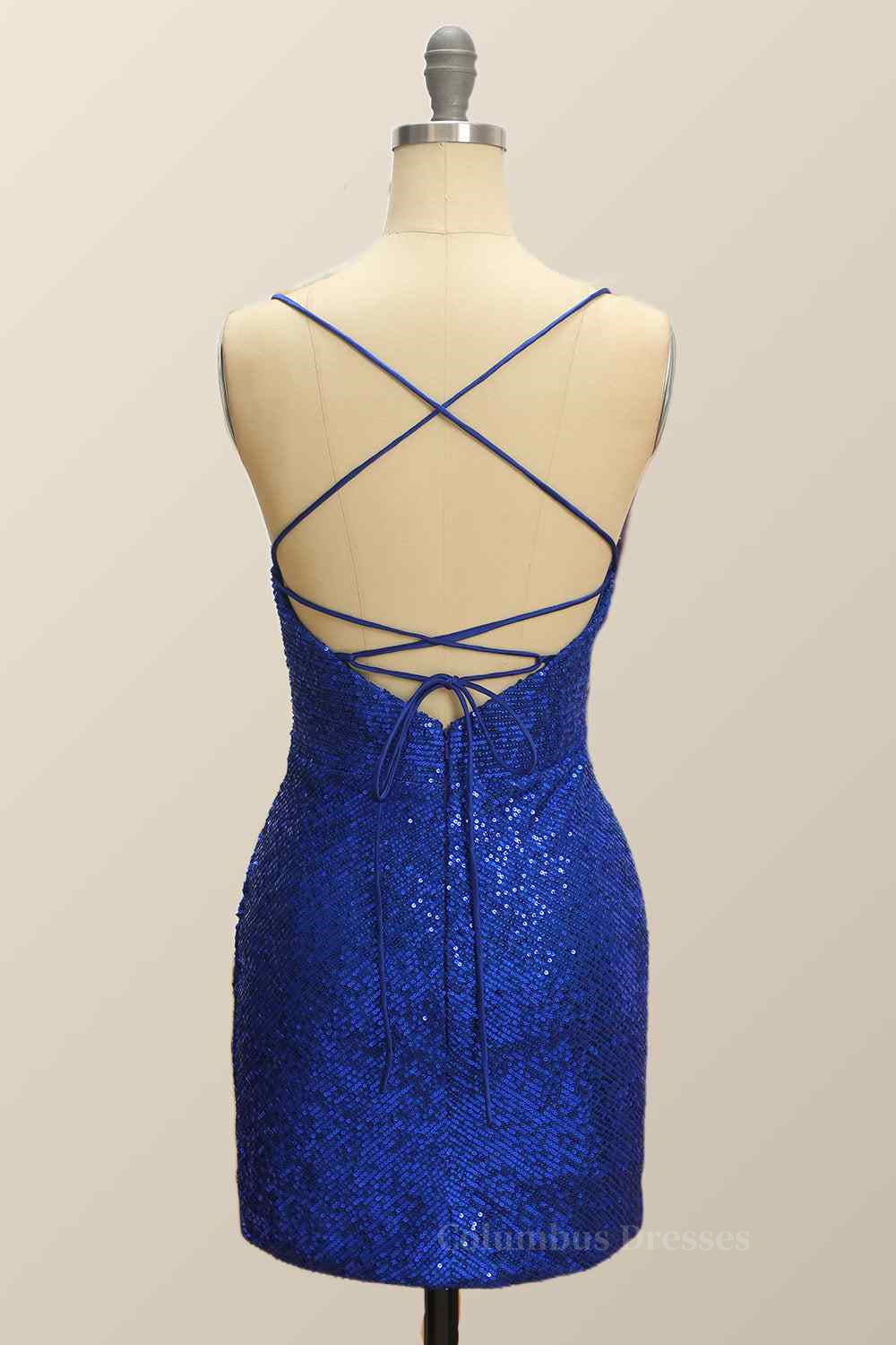Party Dress Boots, Royal Blue Sheath Lace-Up Back Pleated Sequins Mini Homecoming Dress Main image
