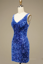White Prom Dress, Royal Blue Sheath V Neck Straps Back Sequins Mini Homecoming Dress