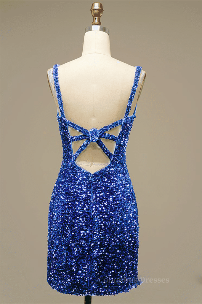 Party Dress Long Sleeve Mini, Royal Blue Sheath V Neck Straps Back Sequins Mini Homecoming Dress Main image
