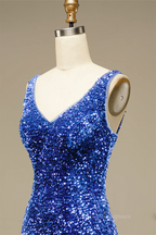 Graduation Outfit, Royal Blue Sheath V Neck Straps Back Sequins Mini Homecoming Dress