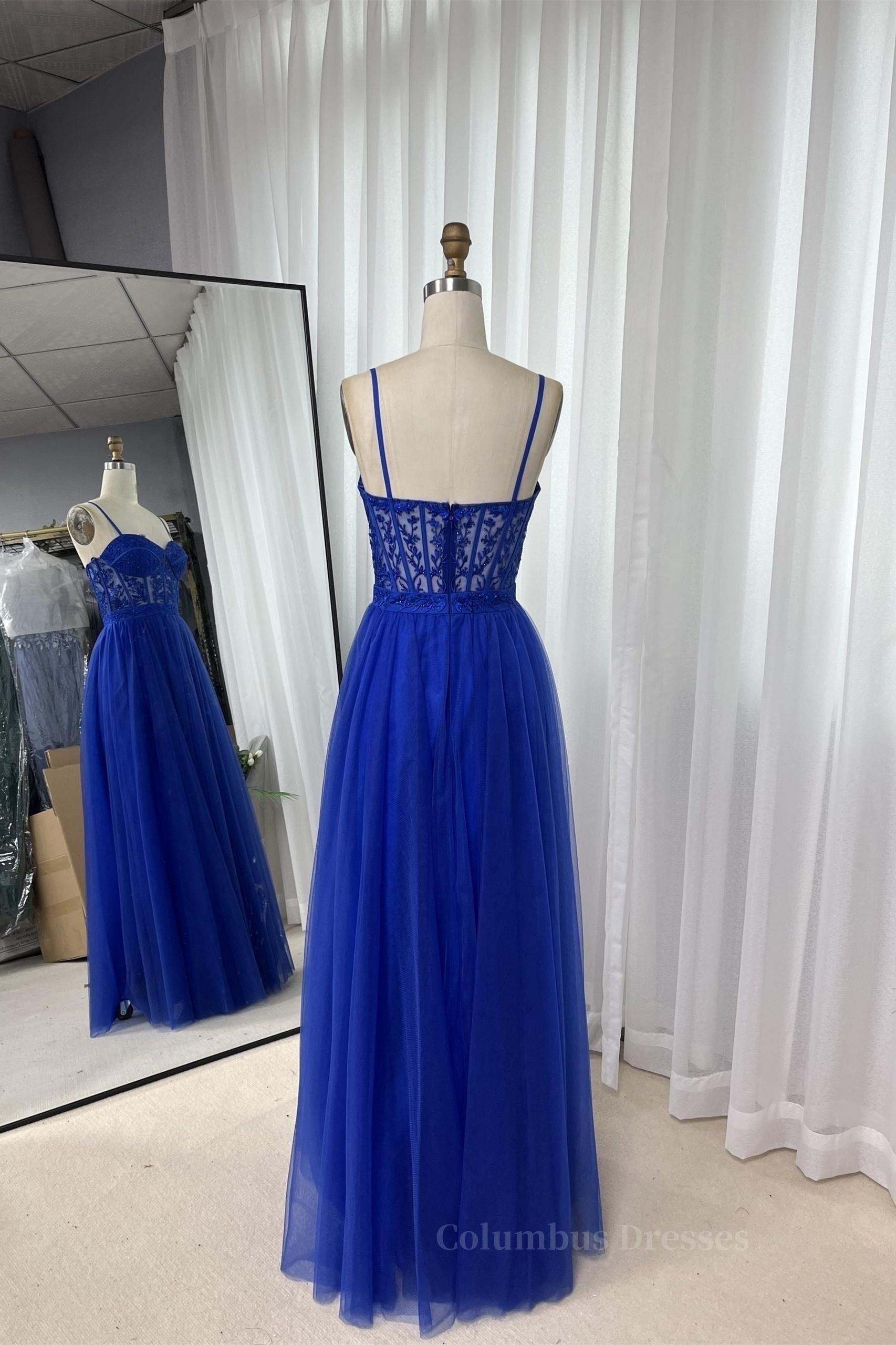 Royal Blue Straps Appliques A-line Tulle Long Prom Dress Secondary image