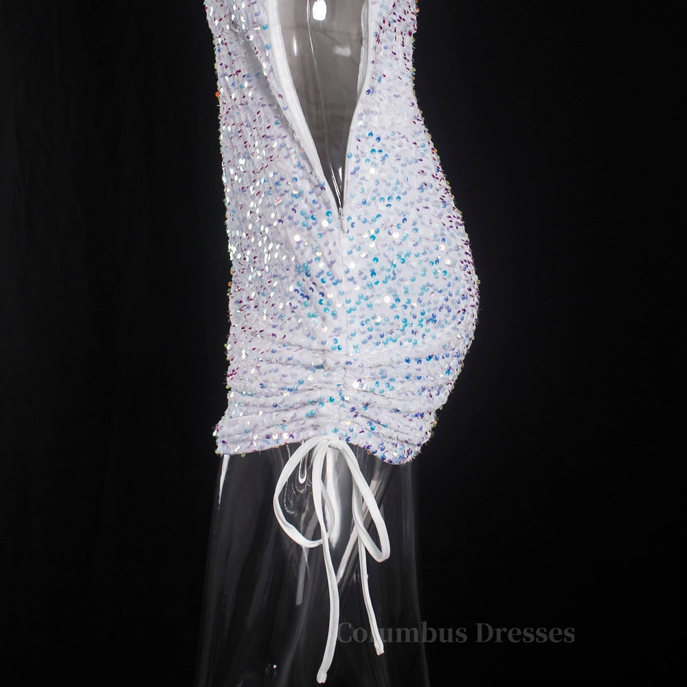 Bridesmaid Dresses Blush Pink, Ruched One Shoulder and Hem Pink Sequin Mini Dress