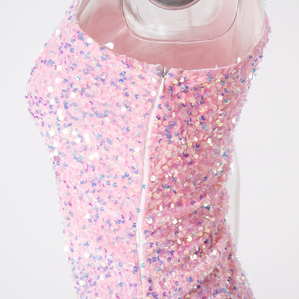 Elegant Wedding Dress, Ruched One Shoulder and Hem Pink Sequin Mini Dress