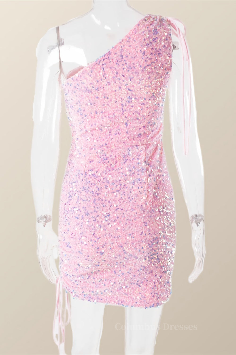 Bridesmaid Dress Dusty Blue, Ruched One Shoulder and Hem Pink Sequin Mini Dress Main image