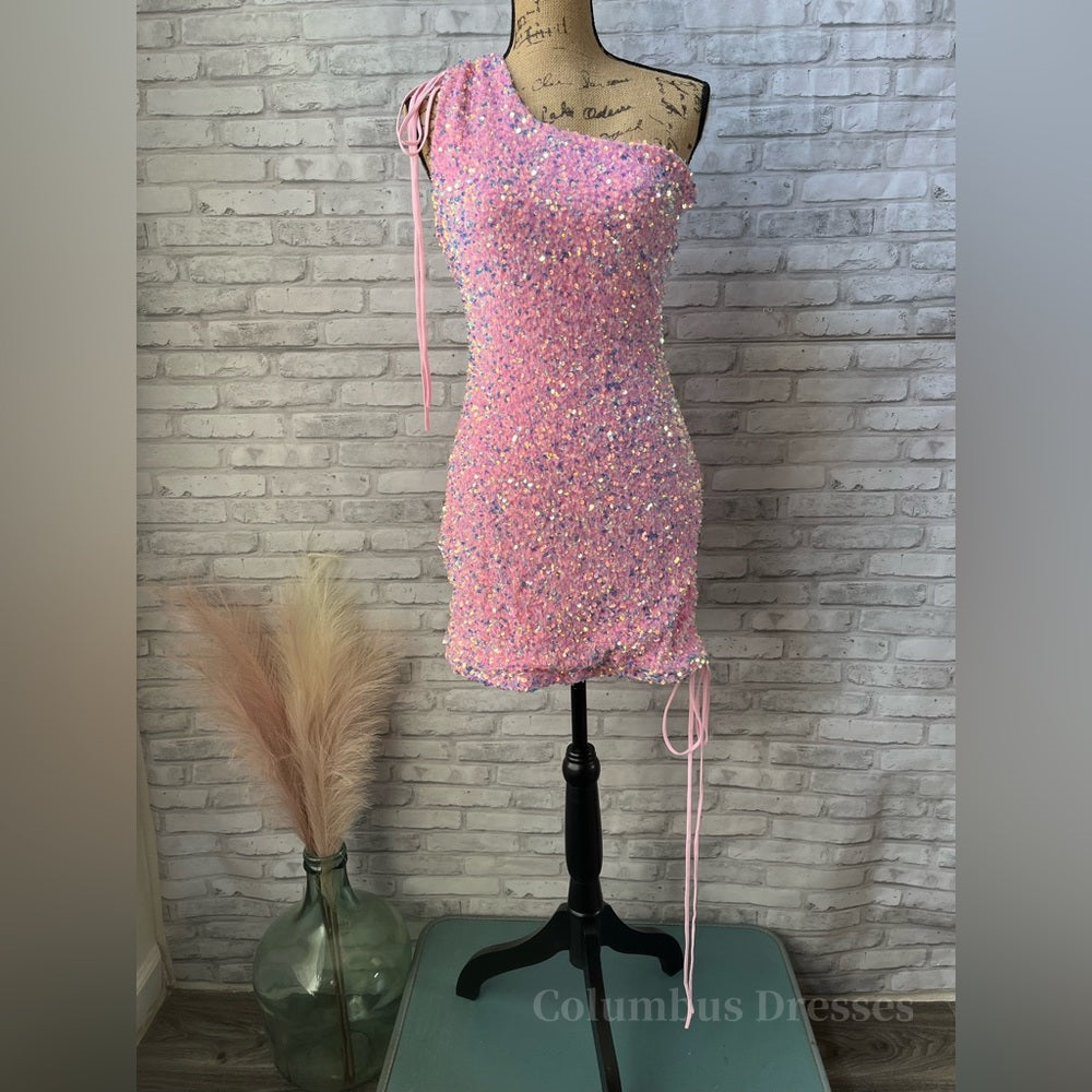Bridesmaid Dresses Dusty Rose, Ruched One Shoulder and Hem Pink Sequin Mini Dress