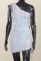 Bridesmaid Dresses Peach, Ruched One Shoulder and Hem Pink Sequin Mini Dress