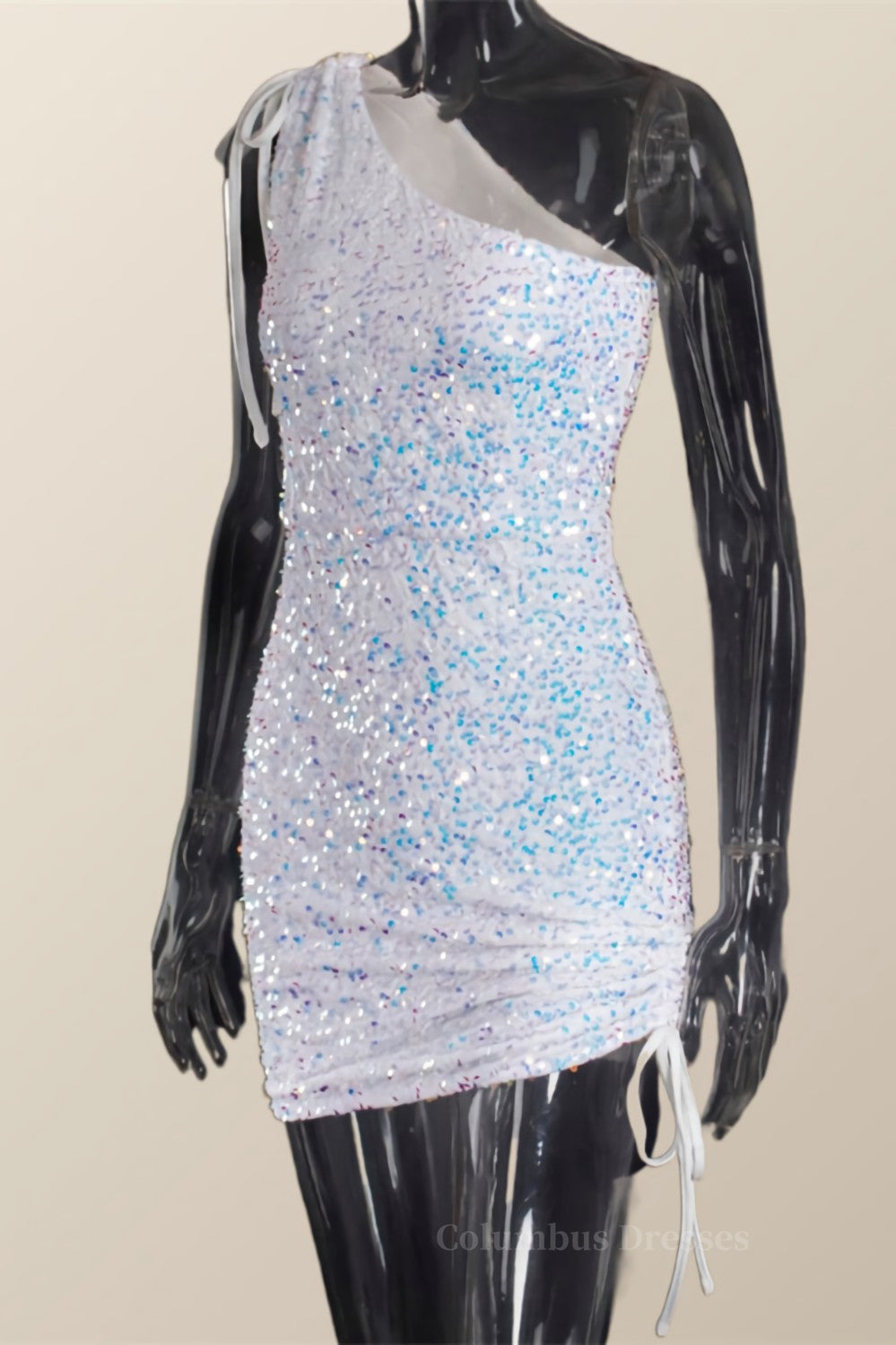 Bridesmaid Dress Blushing Pink, Ruched One Shoulder and Hem Pink Sequin Mini Dress