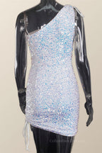Bridesmaids Dresses Blush Pink, Ruched One Shoulder and Hem Pink Sequin Mini Dress