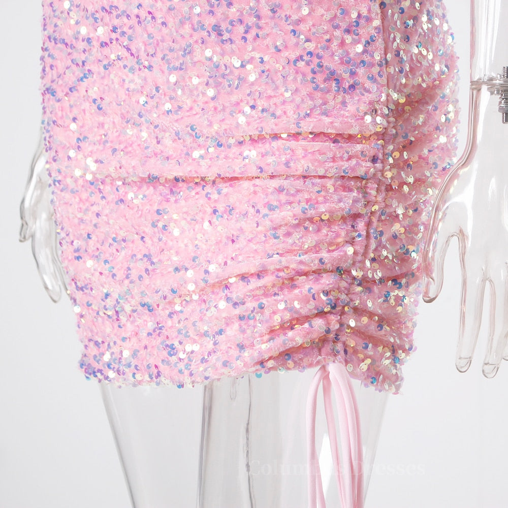 Bridesmaid Dress Blush Pink, Ruched One Shoulder and Hem Pink Sequin Mini Dress