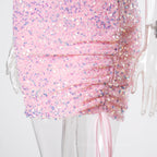 Bridesmaid Dress Blush Pink, Ruched One Shoulder and Hem Pink Sequin Mini Dress