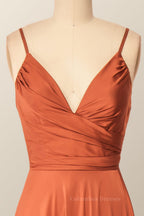 Stylish Outfit, Rust Color V Neck Long Party Dress